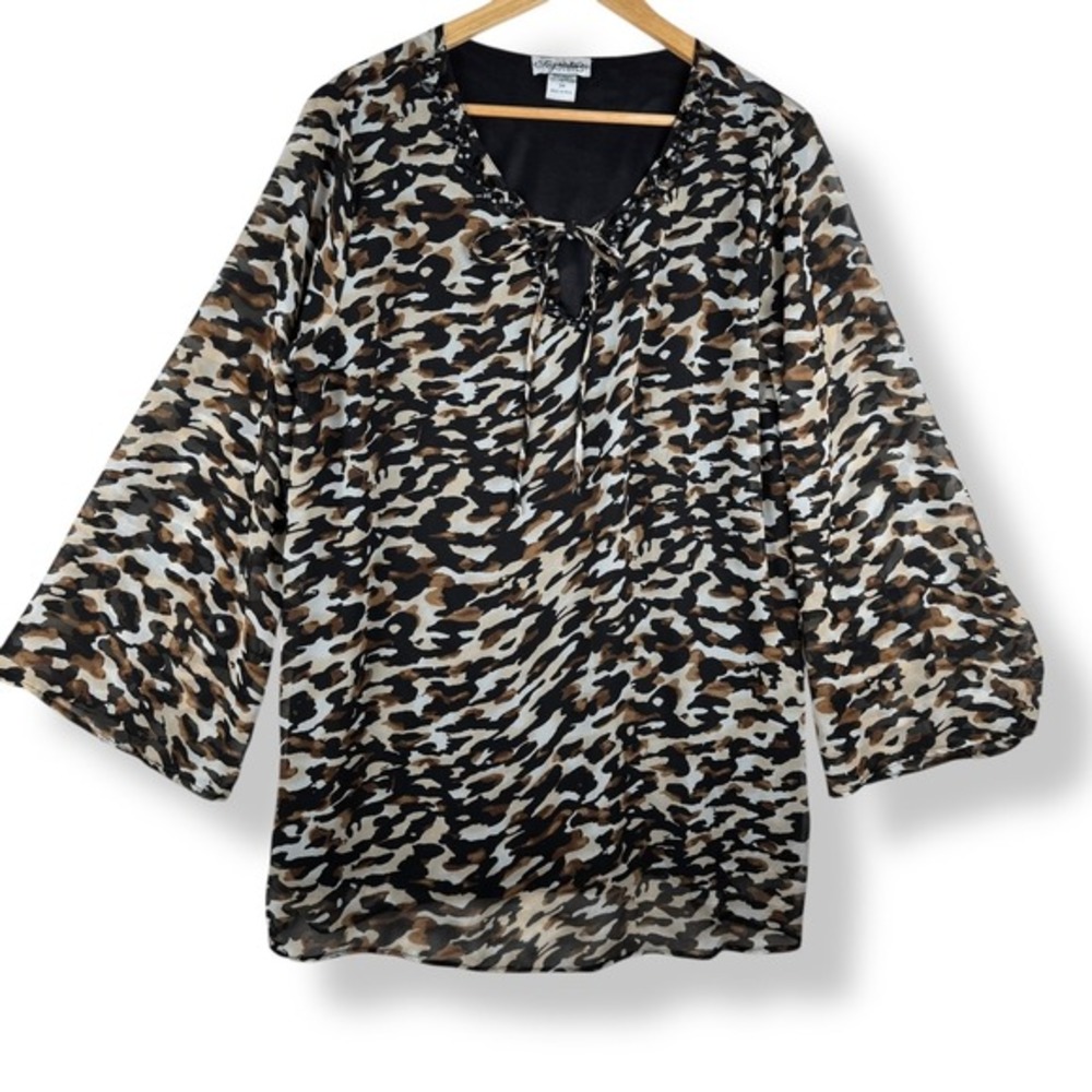 Signature JMB Plus Size Leopard Print Womens Top‎ Size 3x Beaded Boho Flowy Y2K